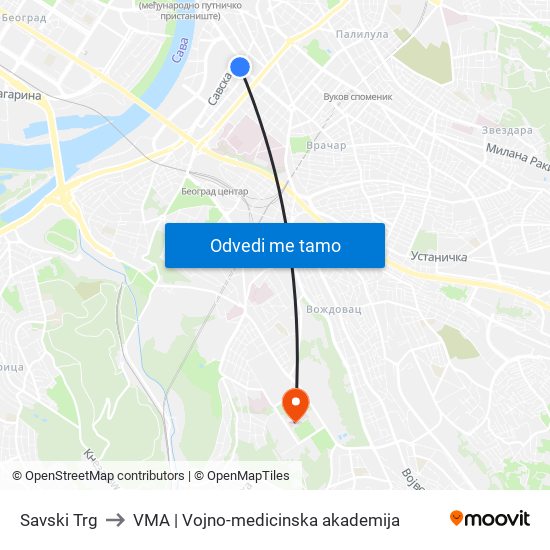 Savski Trg to VMA | Vojno-medicinska akademija map