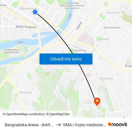 Beogradska Arena - Antifašističke Borbe to VMA | Vojno-medicinska akademija map