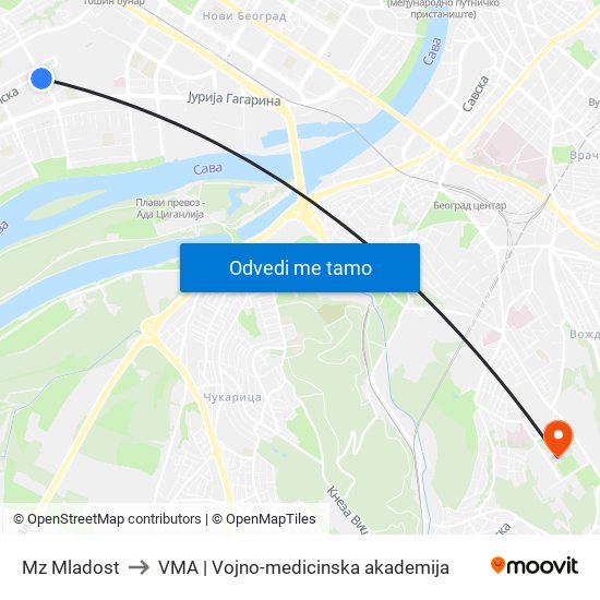 Mz Mladost to VMA | Vojno-medicinska akademija map