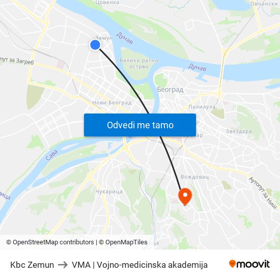 Kbc Zemun to VMA | Vojno-medicinska akademija map