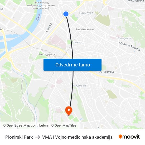 Pionirski Park to VMA | Vojno-medicinska akademija map