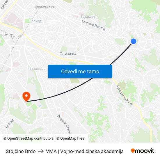 Stojčino Brdo to VMA | Vojno-medicinska akademija map