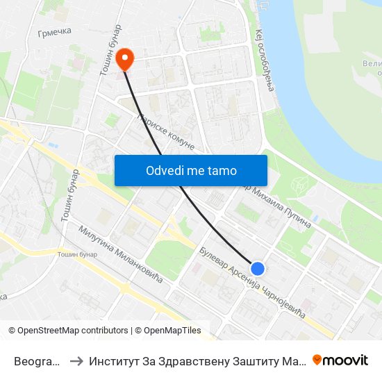 Beogradska Arena to Институт За Здравствену Заштиту Мајке И Детета Србије ""Др Вукан Чупић"" map