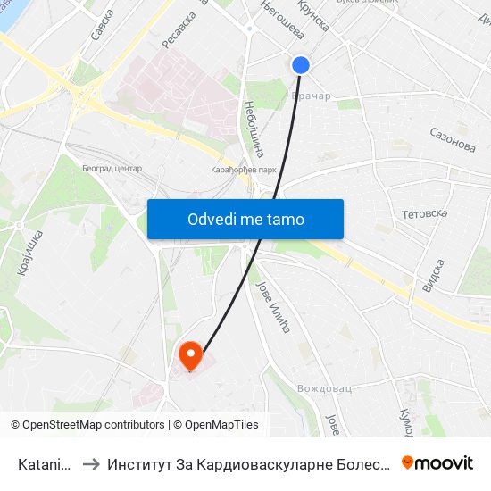 Katanićeva to Институт За Кардиоваскуларне Болести ""Дедиње"" map