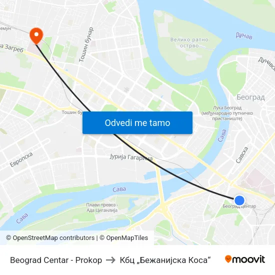 Beograd Centar - Prokop to Кбц „Бежанијска Коса“ map