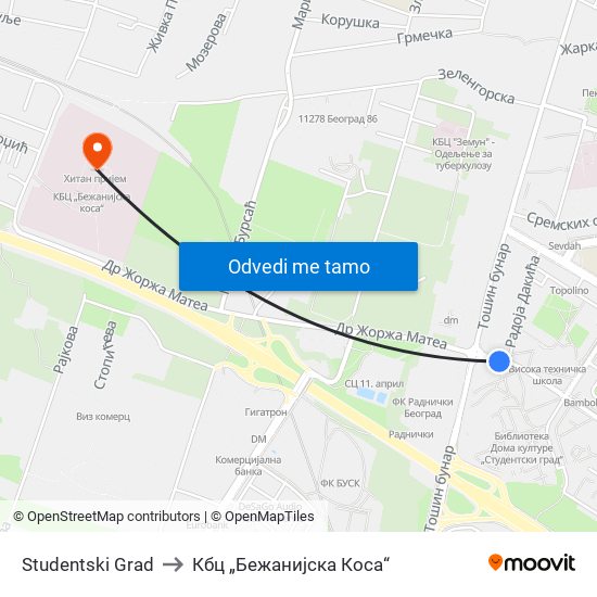 Studentski Grad to Кбц „Бежанијска Коса“ map