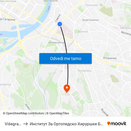 Višegradska to Институт За Ортопедско-Хируршке Болести „Бањица“ map