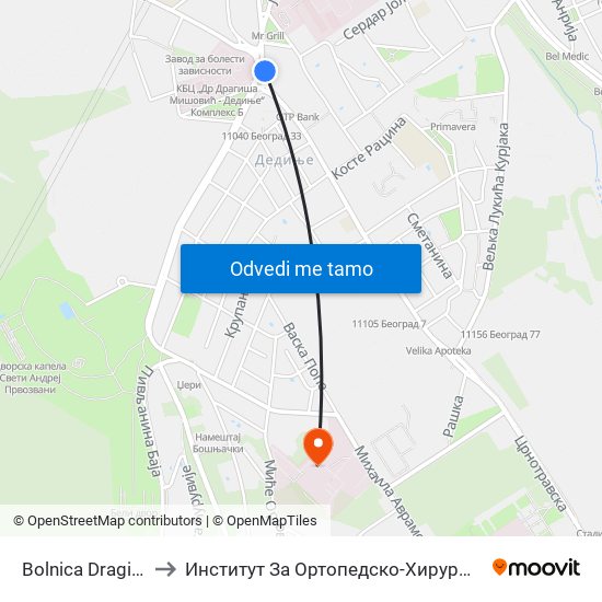 Bolnica Dragiša Mišović to Институт За Ортопедско-Хируршке Болести „Бањица“ map