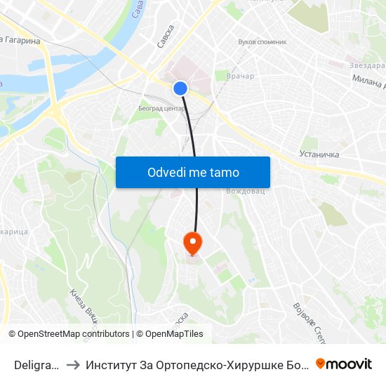 Deligradska to Институт За Ортопедско-Хируршке Болести „Бањица“ map