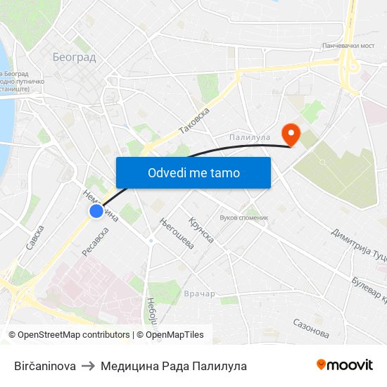 Birčaninova to Медицина Рада Палилула map