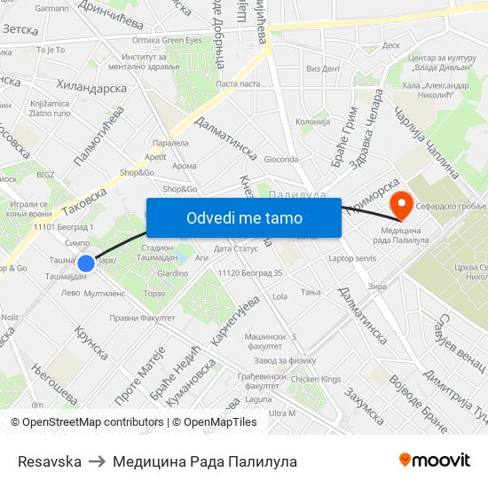 Resavska to Медицина Рада Палилула map