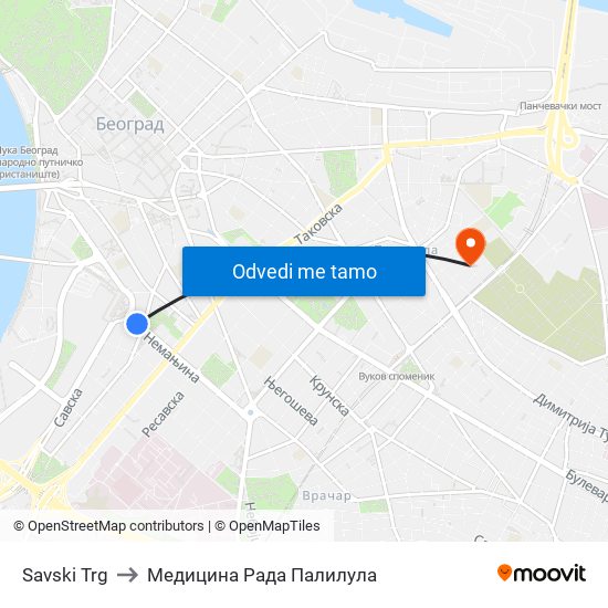 Savski Trg to Медицина Рада Палилула map