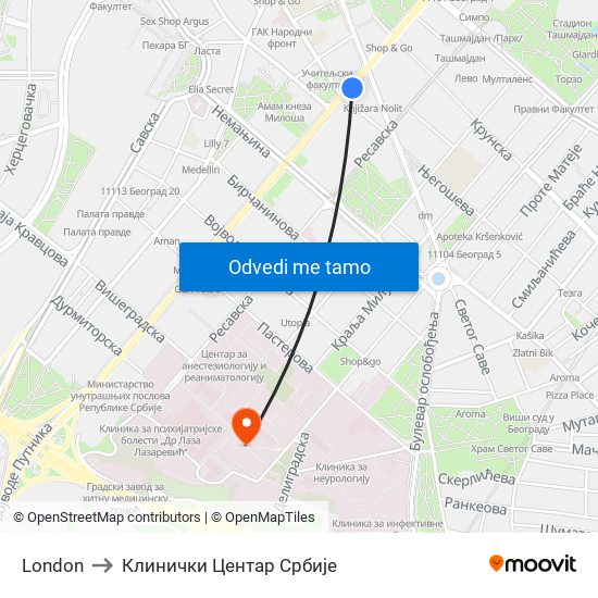 London to Клинички Центар Србије map