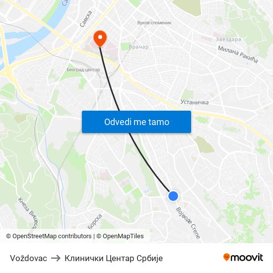 Voždovac to Клинички Центар Србије map