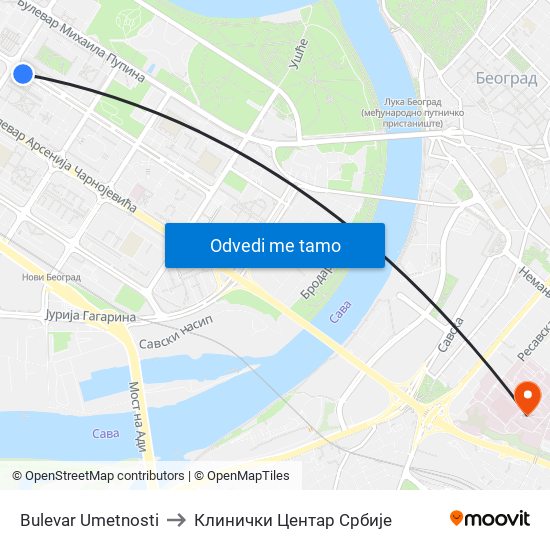 Bulevar Umetnosti to Клинички Центар Србије map