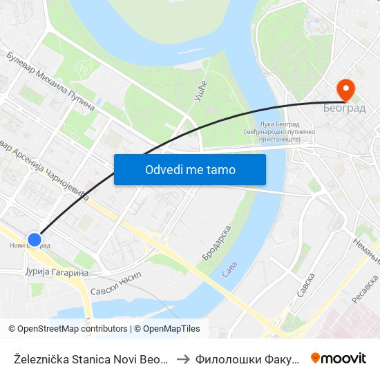 Železnička Stanica Novi Beograd to Филолошки Факултет map