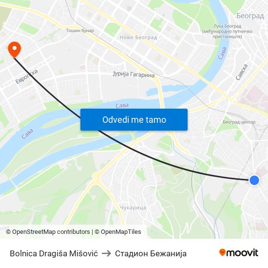 Bolnica Dragiša Mišović to Стадион Бежанија map