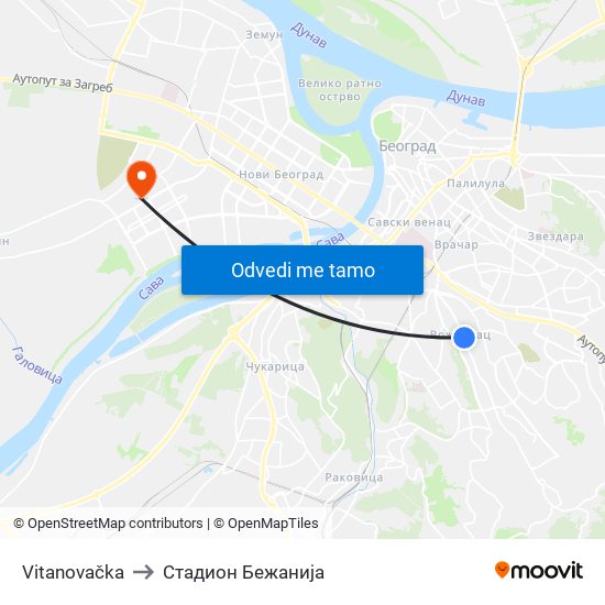 Vitanovačka to Стадион Бежанија map