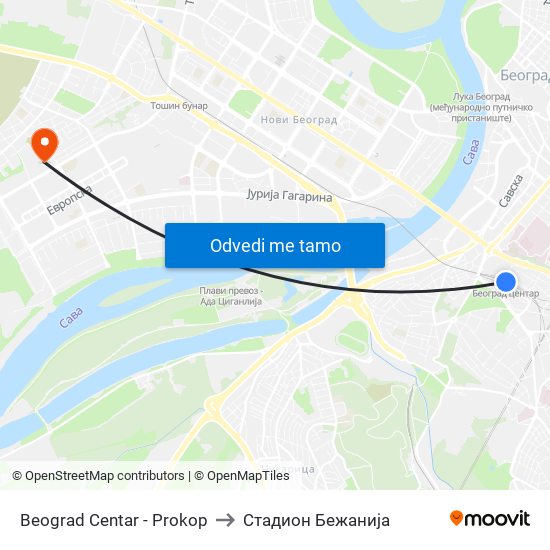 Beograd Centar - Prokop to Стадион Бежанија map