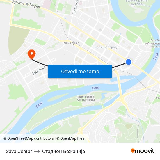 Sava Centar to Стадион Бежанија map