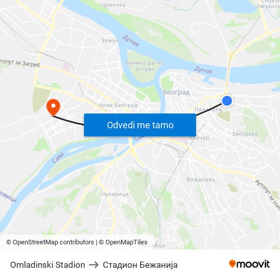 Omladinski Stadion to Стадион Бежанија map