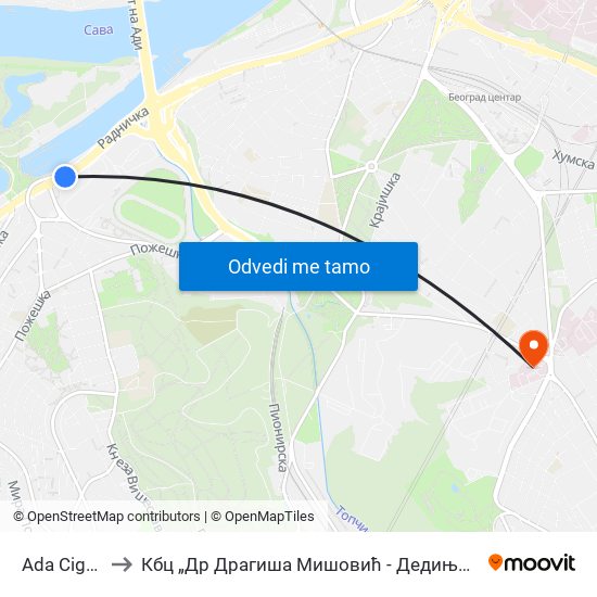 Ada Ciganlija to Кбц „Др Драгиша Мишовић - Дедиње“ Комплекс Б map