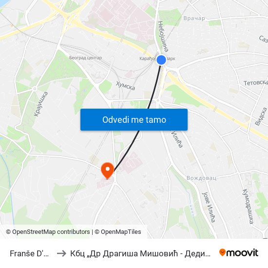 Franše D'Eperea to Кбц „Др Драгиша Мишовић - Дедиње“ Комплекс Б map