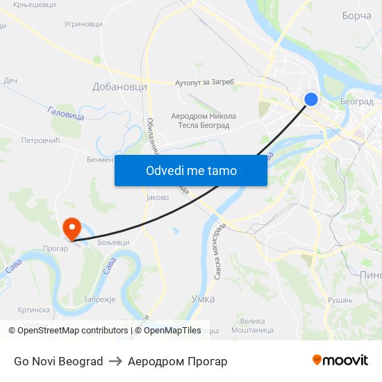 Go Novi Beograd to Аеродром Прогар map