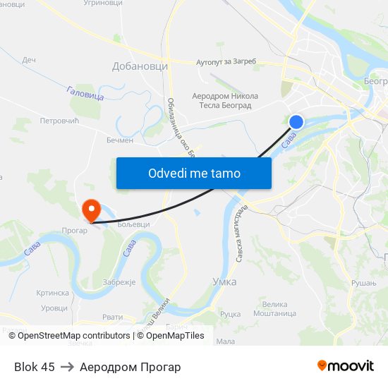 Blok 45 to Аеродром Прогар map