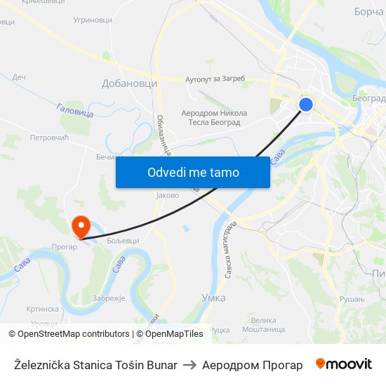 Železnička Stanica Tošin Bunar to Аеродром Прогар map