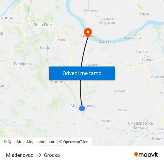 Mladenovac to Grocka map