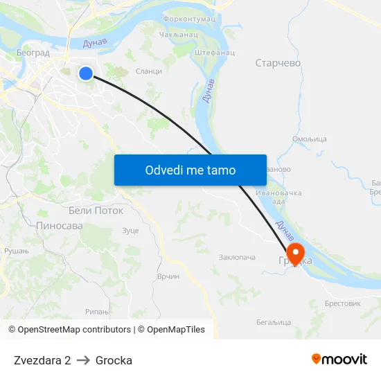 Zvezdara 2 to Grocka map