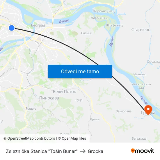 Železnička Stanica "Tošin Bunar" to Grocka map