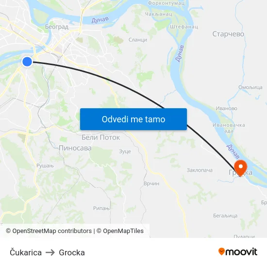 Čukarica to Grocka map