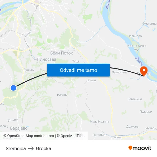 Sremčica to Grocka map