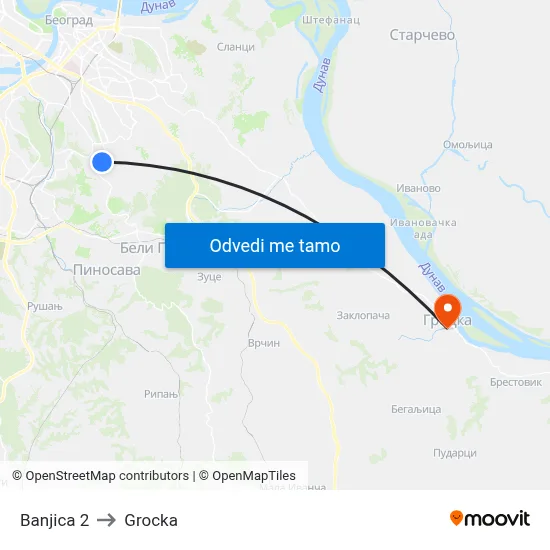 Banjica 2 to Grocka map