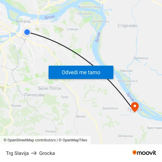 Trg Slavija to Grocka map