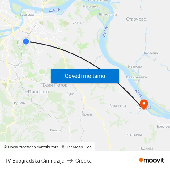 IV Beogradska Gimnazija to Grocka map