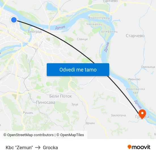 Kbc "Zemun" to Grocka map
