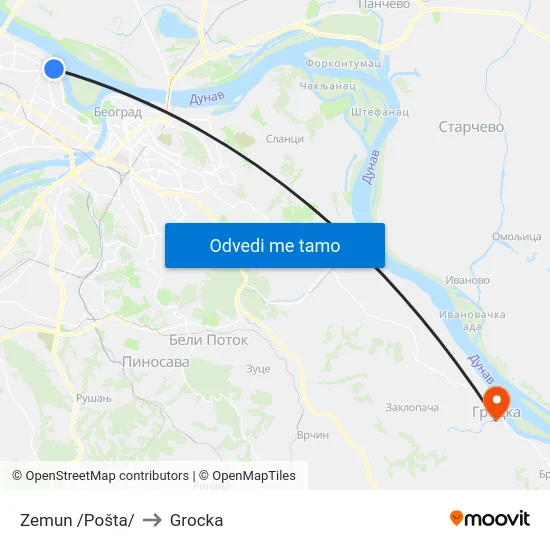 Zemun /Pošta/ to Grocka map