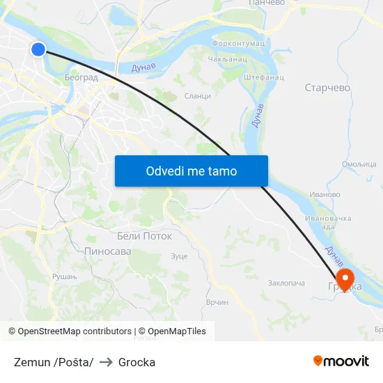 Zemun /Pošta/ to Grocka map