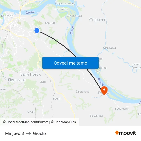 Mirijevo 3 to Grocka map