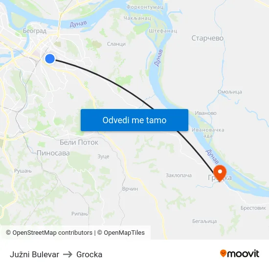 Južni Bulevar to Grocka map