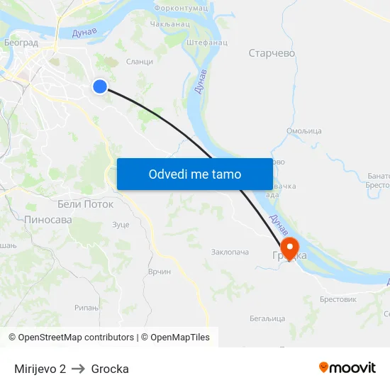 Mirijevo 2 to Grocka map