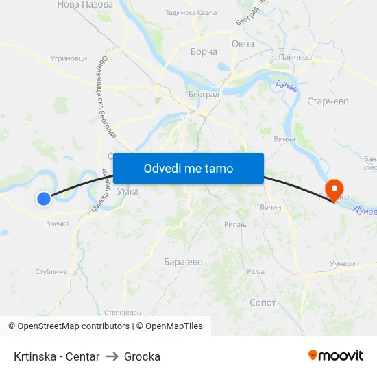 Krtinska - Centar to Grocka map