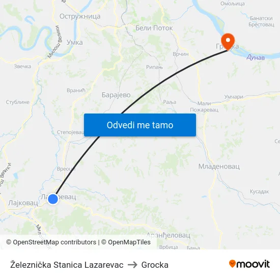 Železnička Stanica Lazarevac to Grocka map