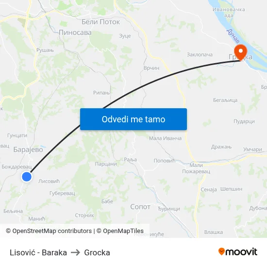 Lisović - Baraka to Grocka map