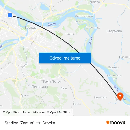 Stadion "Zemun" to Grocka map