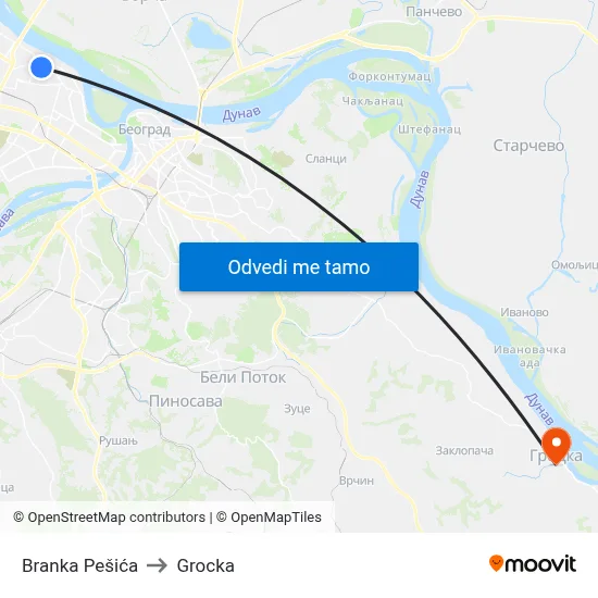 Branka Pešića to Grocka map
