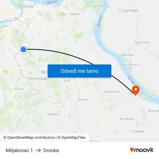 Miljakovac 1 to Grocka map